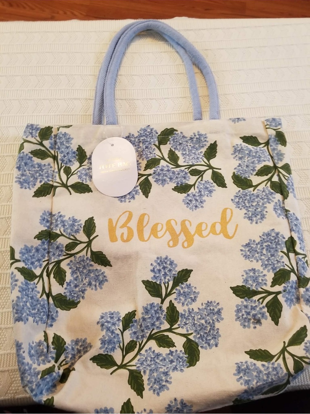 Eccolo Cream Tote with Blue Hydrangea Print and Gold Accents